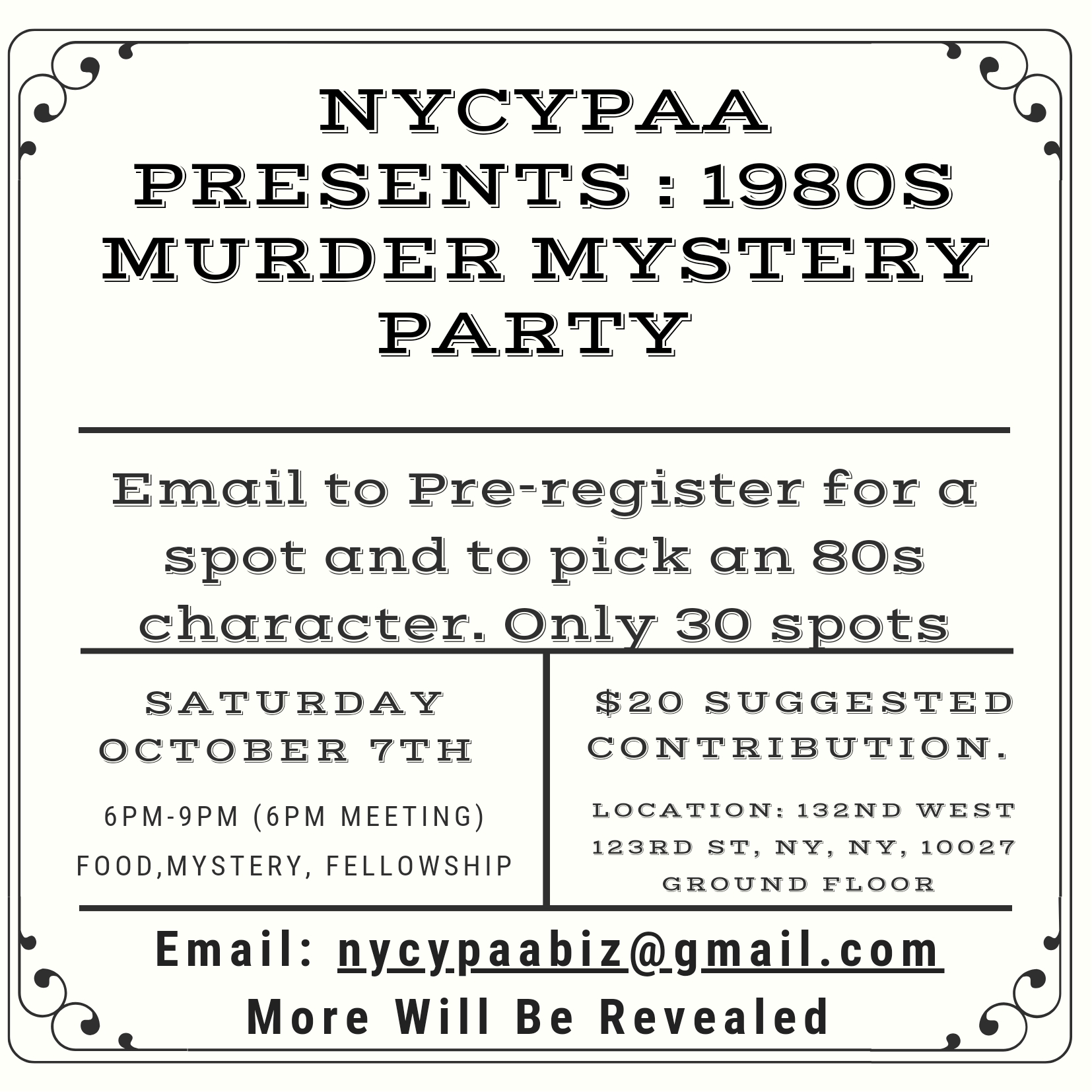 NYCYPAA presents a 1980's Murder Mystery Party @ 132nd West | Albany | New York | United States